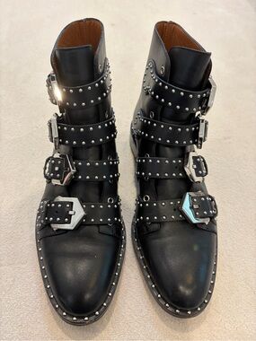 Givenchy Black Studded Buckle Leather Ankle Boots